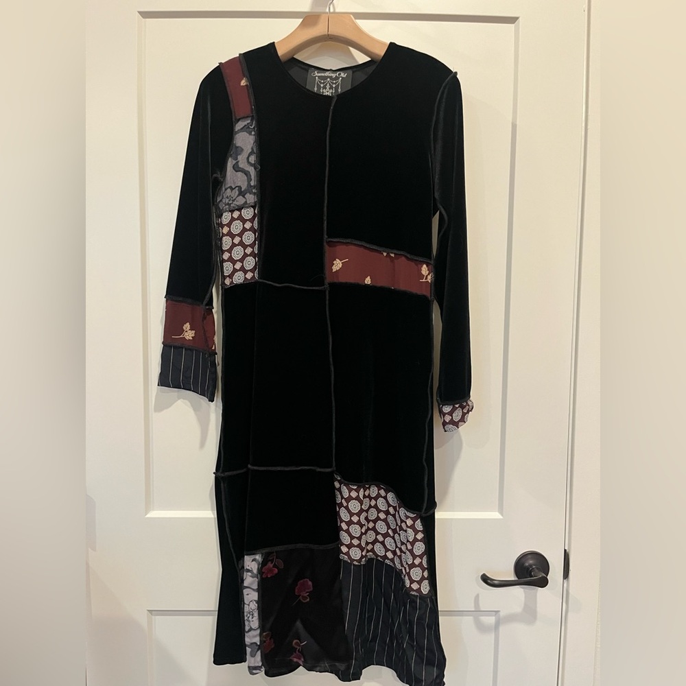 Something Old Something New Artsy Lagenlook Goth Velvet Dress Black Patchwork S